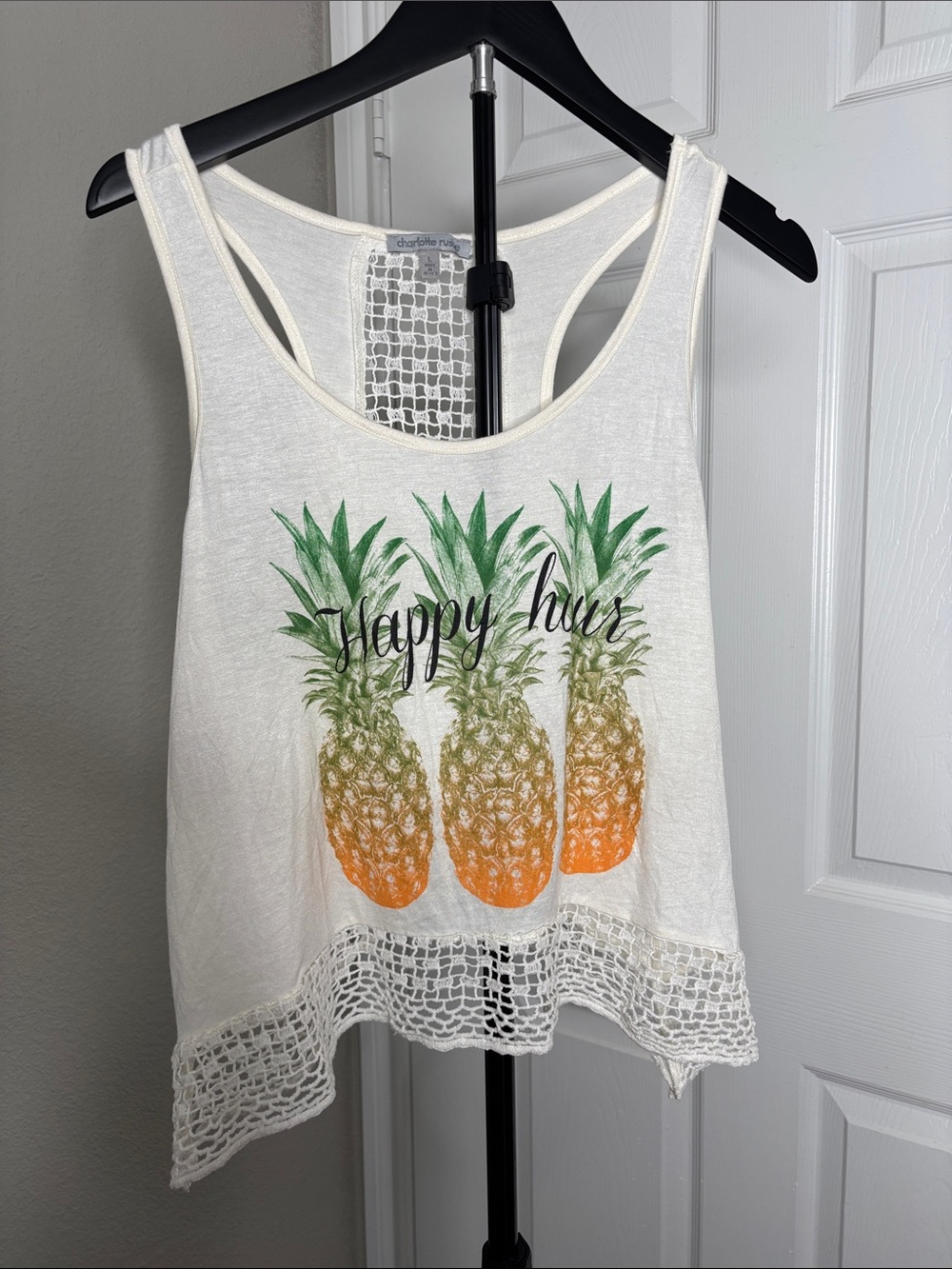 Charlotte Russe White Tank with Green and Orange Pineapple Graphic